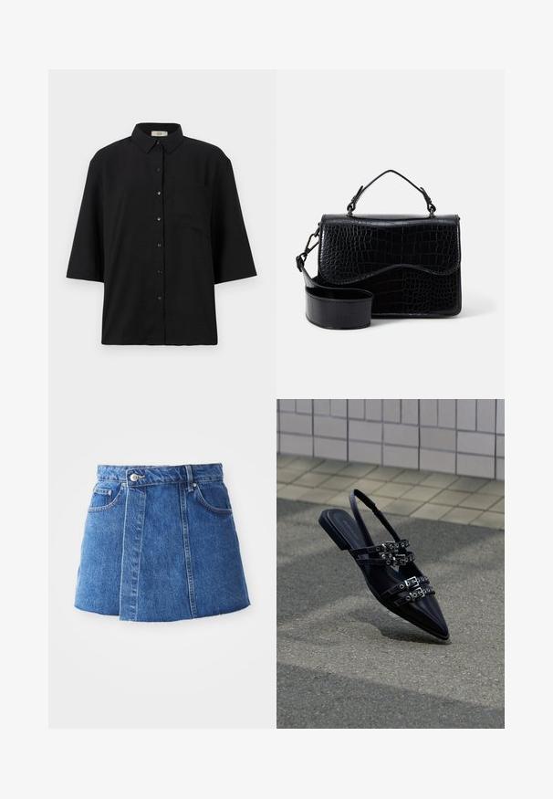 Zwarte kort-uit-sleeves knopen-overhemd van lichtgewicht stof. Bevat een klassieke kraag en een enkele borstzak. Gladde textuur.; Denim minirok in middelblauw met een hoge taille, sluiting met knopen aan de voorkant, twee zakken en een onafgebroken zoom aan de onderkant.; Zwarte sandaal met platte zool en spitse neus, voorzien van meerdere gespsluitingen en een slingback, geplaatst boven een verhard oppervlak en een tegelmuur op de achtergrond.; Zwarte faux leren crossbody tas met een textuur van krokodillenpatroon, een bovenhandvat en een verstelbare schouderband. Kenmerk: afgeronde klep-sluiting.