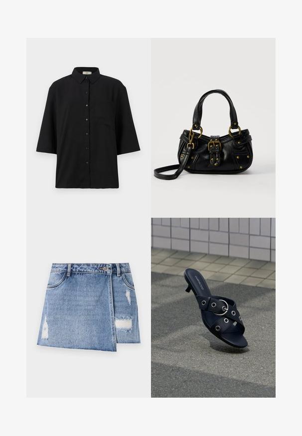Zwarte kort-uit-sleeves knopen-overhemd van lichtgewicht stof. Bevat een klassieke kraag en een enkele borstzak. Gladde textuur.; Lichtblauw denim minirok met vervaagde plekken en versleten details. Heeft een frontale knoopsluiting en een traditionele vijf-pocket design.; Zwarte sandaal met hak en gekruiste banden met zilveren ogen en een ronde gesp, geplaatst op een getextureerde bestrating naast een betegelde muur.; Zwarte leren handtas met gouden gesp en klinknagel details, korte handvatten en een verstelbare schouderriem op een effen witte achtergrond.