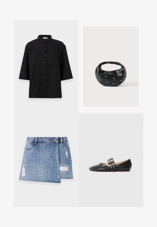 Sort kortærmet skjorte med knapper lavet af letvægtsstof. Har en klassisk krave og en enkelt brystlomme. Glat tekstur.; Lysblå denim miniskørt med slidte områder og distressed detaljer. Har en frontknaplukning og traditionelt fem-lommer design.; Sort læder flad sko med spidst tåparti og en dekorativ spænde-rem med sølvfarvet hardware og små udskæringer.; Sort læderhåndtaske med en rundet form, dekoreret med sølvnitter, og et kort håndtag. Glat tekstur og lynlåslukning.