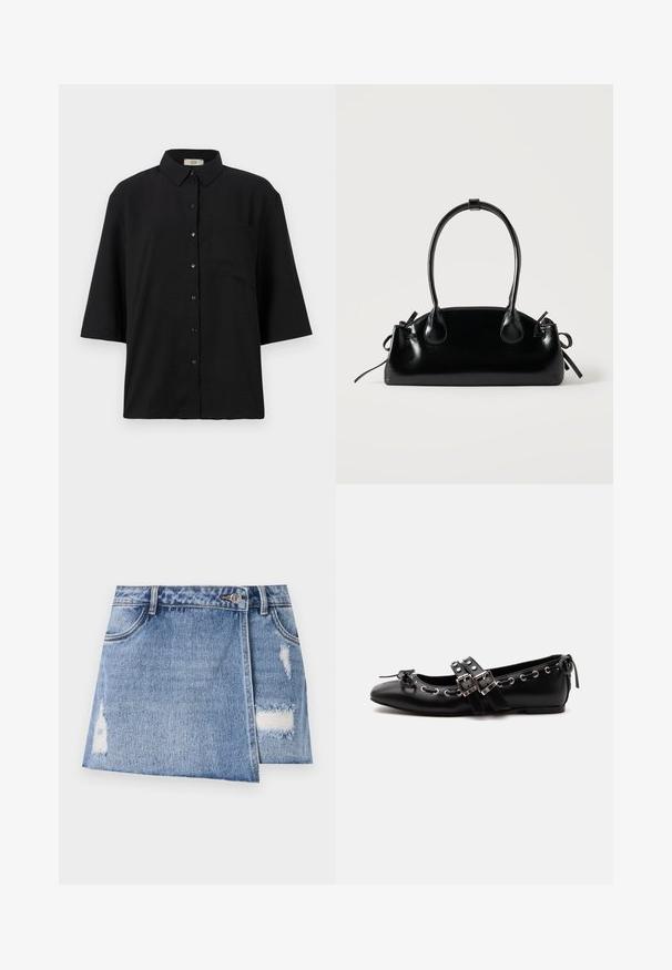 Zwarte kort-uit-sleeves knopen-overhemd van lichtgewicht stof. Bevat een klassieke kraag en een enkele borstzak. Gladde textuur.; Lichtblauw denim minirok met vervaagde plekken en versleten details. Heeft een frontale knoopsluiting en een traditionele vijf-pocket design.; Zwarte platte balletschoen met dubbele gespsluitingen, zilveren oogjes en een klein strikje nabij de afgeronde neus op een witte achtergrond.; Kleine zwarte glanzende handtas met twee lange hengsels en zijkant trekkoord details op een effen lichte achtergrond.