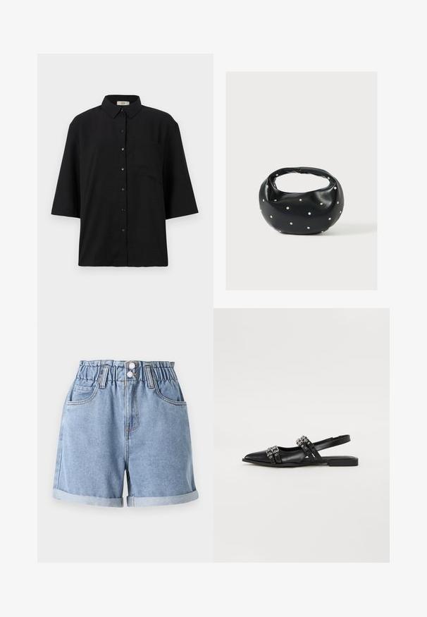 Schwarzes kurzärmliges Hemd mit Knopfleiste aus leichtem Stoff. Verfügt über einen klassischen Kragen und eine einzelne Brusttasche. Glatte Textur.; Hellblaue Denim-Shorts mit elastischem Bund, zwei Vordertaschen, umgeschlagenen Säumen und Doppelknopfverschluss. Glatte Textur, lässiges Design.; Even&Odd by Zalando Sling-Ballerina - black; Schwarze Lederhandtasche mit abgerundeter Form, verziert mit silbernen Nietenakzenten und kurzem Griff. Glatte Struktur und Reißverschlussverschluss.