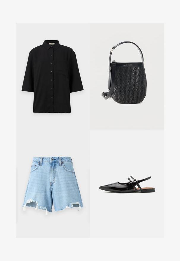 Must musta varrukatega nööpidega särk, mis on valmistatud kergest kangast. Omab klassikalist kraed ja ühte rinna taskut. Sile tekstuur.; Heled sinine denim lühikesed püksid kõrge vöökoha, rebendite ja kahe ees oleva taskuga. Kulunud tekstuur koos pleekimise ja toorservadega.; Mustad lakknahast slingback kingad on terava ninaga, kahe rihmaga, millel on klambriga aktsendid, ning lame tald.; Mustast punutud käekott ümarate põhjakujundustega, nahkdetailide, reguleeritava õlarihma ja Samsøe Samsøe brändilogoga pealmisel paelal.