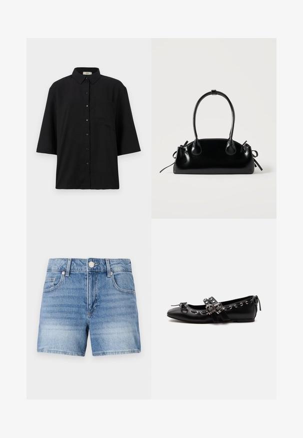 Sort kortærmet skjorte med knapper lavet af letvægtsstof. Har en klassisk krave og en enkelt brystlomme. Glat tekstur.; Lyseblå denimshorts med knaplukning foran, lynlåslukning, bæltestropper og forlommer på en ens hvid baggrund.; Sort flad balletsko med dobbelt spænde, sølvøjer og en lille sløjfe nær den runde tå på en hvid baggrund.; Lille sort blank håndtaske med to lange håndtag og snøre-detaljer i siden på en ensfarvet lys baggrund.