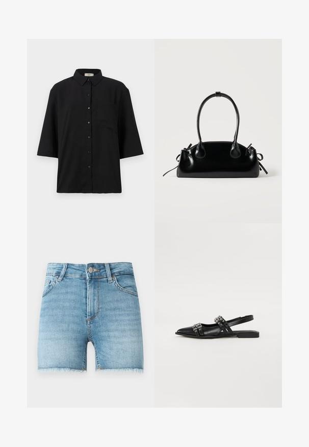 Sort kortærmet skjorte med knapper lavet af letvægtsstof. Har en klassisk krave og en enkelt brystlomme. Glat tekstur.; Lette blå denimshorts med rå kant, fem lommer og lukning med knap foran. Har let falmede områder og en klassisk snit.; Even&Odd by Zalando Slingback-ballerinasko - black; Lille sort blank håndtaske med to lange håndtag og snøre-detaljer i siden på en ensfarvet lys baggrund.