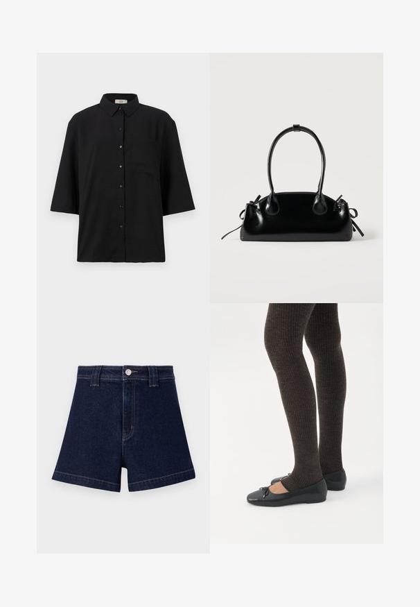 Zwarte kort-uit-sleeves knopen-overhemd van lichtgewicht stof. Bevat een klassieke kraag en een enkele borstzak. Gladde textuur.; Donkerblauwe denim short met een klassieke snit, vijf-pocket ontwerp en contrasterende gele stiksels met een metalen knoopsluiting.; Benen met donkere geribbelde leggings gecombineerd met zwarte ballerina's met kleine strikdetails op een witte achtergrond.; Kleine zwarte glanzende handtas met twee lange hengsels en zijkant trekkoord details op een effen lichte achtergrond.