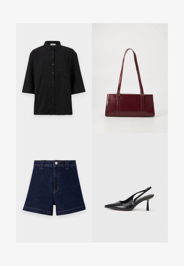 Sort kortærmet skjorte med knapper lavet af letvægtsstof. Har en klassisk krave og en enkelt brystlomme. Glat tekstur.; Mørkeblå denimshorts med klassisk snit, fem-lomme design og kontrastfarvet gul syning samt metalknaplukning.; Sort læderslagback højhælet sko med spids tå og slank hæl på en hvid baggrund.; Bordeaux håndtaske lavet af glansfuldt materiale, rektangulær form, med to skulderremme og subtile buede detaljer på forsiden.