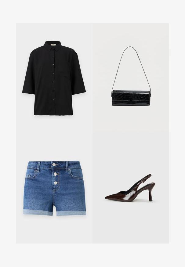Zwarte kort-uit-sleeves knopen-overhemd van lichtgewicht stof. Bevat een klassieke kraag en een enkele borstzak. Gladde textuur.; Blauwe denim shorts met drie metalen knopen, opgerolde zoom, riemlussen en voorzakken op een effen witte achtergrond.; Bruine gepatineerde leren slingback pumps met een spitse neus, een dunne hak en een verstelbaar bandje met een kleine gesp.; Zwarte schoudertas van imitatie-krokodillenleer, rechthoekige vorm, glanzende textuur, met een dunne verstelbare schouderriem en een voorflap met sluiting.