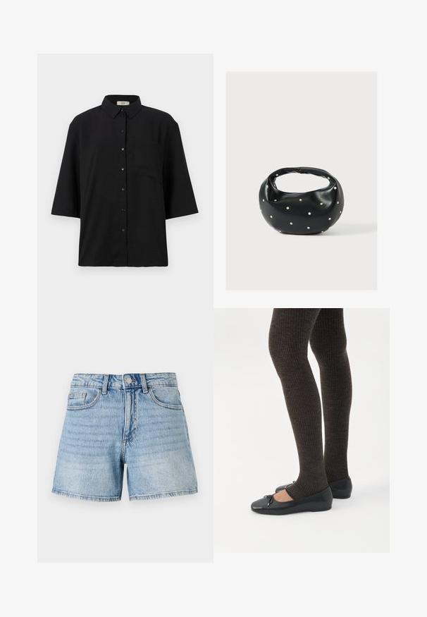 Zwarte kort-uit-sleeves knopen-overhemd van lichtgewicht stof. Bevat een klassieke kraag en een enkele borstzak. Gladde textuur.; Lichtblauwe denim shorts met een hoge taille, vijf zakken en een rafelige zoom. Voorzien van subtiele vervagingen en gouden stikdetails.; Benen met donkere geribbelde leggings gecombineerd met zwarte ballerina's met kleine strikdetails op een witte achtergrond.; Zwarte leren handtas met een afgeronde vorm, versierd met zilveren studs, en een korte handgreep. Gladde textuur en ritsluiting.