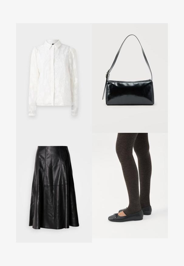 Pieces PCJALA SHIRT - Skjortebluser - cloud dancer; Sort lædernederdel med en flagrende silhuet, der har synlige sømme og en glat tekstur. Mellemlang design med en klassisk snit.; Ben iført mørke ribbede leggings kombineret med sorte balletsko med små sløjfedetaljer på hvid baggrund.; Sort rektangulær skuldertaske med en enkelt justerbar rem og lynlås i toppen på en ensfarvet baggrund.