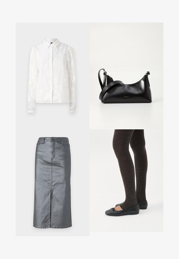 Pieces PCJALA SHIRT - Overhemdblouse - cloud dancer; Metalen grijze spijkerrok met een rechte vorm, een split aan de voorkant, een ontwerp met vijf zakken en een knoopsluiting in de taille. Plat gestikte naden zijn zichtbaar.; Benen met donkere geribbelde leggings gecombineerd met zwarte ballerina's met kleine strikdetails op een witte achtergrond.; Zwarte leren handtas met een gladde textuur. Beschikt over een verstelbare schouderband en een strak, minimalistisch ontwerp met een ritssluiting.