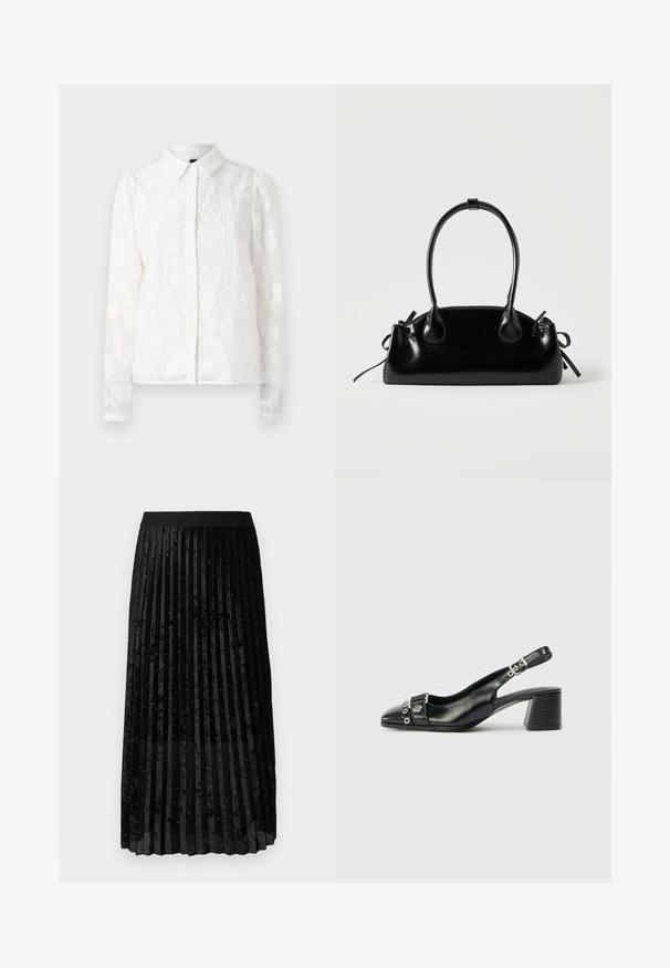 Pieces PCJALA SHIRT - Skjortebluser - cloud dancer; Sort plisseret nederdel lavet af sammet, med en struktureret overflade og glitrende dekorationer jævnt fordelt over stoffet.; Sorte læder slingback hæl med spids tå, tekstureret rem med cirkulære metalliske accenter, og en stablet blokhæl.; Lille sort blank håndtaske med to lange håndtag og snøre-detaljer i siden på en ensfarvet lys baggrund.