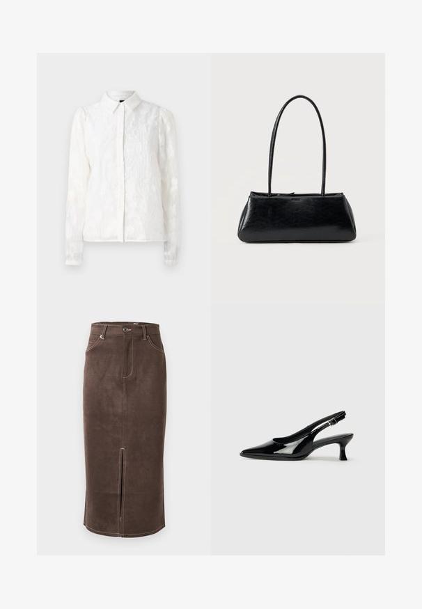 Pieces PCJALA SHIRT - Hemdbluse - cloud dancer; Brauner Wildleder-Bleistiftrock mit vorderem Schlitz, kontrastierendem weißen Stich und klassischem Fünf-Taschen-Design. Klassischer Knopfverschluss an der Taille.; Schwarze Lackleder Slingback-Schuhe mit spitzem Zehenbereich und niedrigem Blockabsatz. Verstellbarer Riemen mit Schnalle am Knöchel.; Schwarze rechteckige Schultertasche mit langen dünnen Trägern und einer glatten, glänzenden Textur auf einfarbigem Hintergrund.