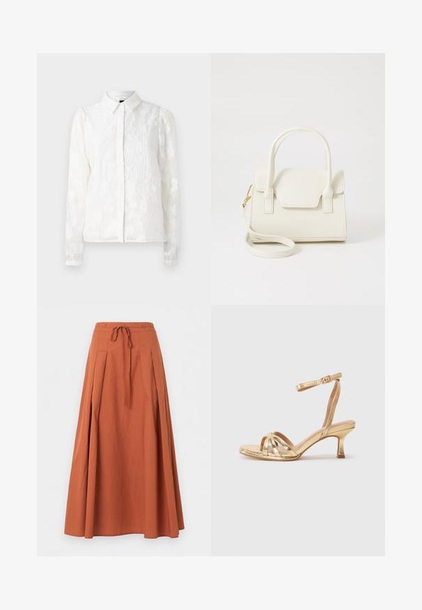 Pieces PCJALA SHIRT - Chemisier - cloud dancer; Jupe longue terracotta avec plis sur le devant et cordon à la taille, présentée sur un fond uni.; Sandale à talon haut dorée avec des lanières, fine bride de cheville, finition métallique, bout ouvert et un talon bloc modeste pour plus de stabilité.; Petit sac à main blanc avec doubles poignées, rabat avant et bandoulière amovible avec boucle dorée sur fond blanc uni.