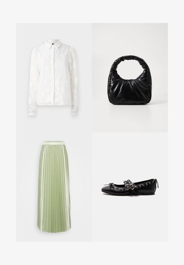 Pieces PCJALA SHIRT - Nööpidega pluus - cloud dancer; Kerge rohelise satiinsest materjalist plisseeritud seelik, millel on lai vöökoht ja vertikaalsed pliiatsid, luues sujuva ja voolava silueti.; Mustad tasase tallaga baleriinsaabas topelt pandlakihtide, hõbedaste silmaaugude ja väikese paelaga ümarate varvaste juures valgel taustal.; Must mustaga, millel on ümar käepide, särav ja sile pind ning pehme quiltitud tekstuur. Nähtavaid metallosi ega aktsente ei ole.