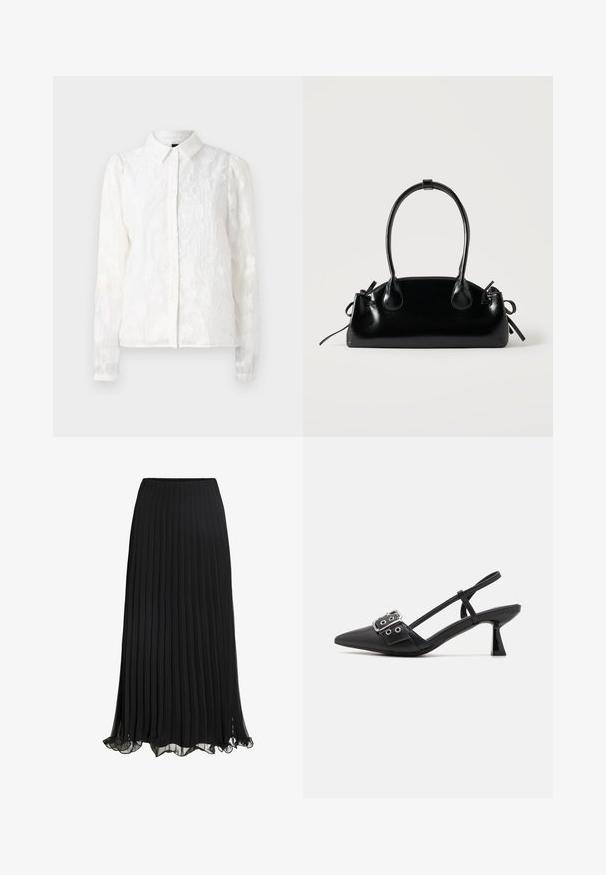 Pieces PCJALA SHIRT - Overhemdblouse - cloud dancer; Zwarte geplisseerde maxi rok van lichtgewicht stof met een vloeiende ontwerp. Voorzien van een gerimpelde zoom en een elastische tailleband voor comfort.; Simmi London DALA - Klassieke pumps - black; Kleine zwarte glanzende handtas met twee lange hengsels en zijkant trekkoord details op een effen lichte achtergrond.