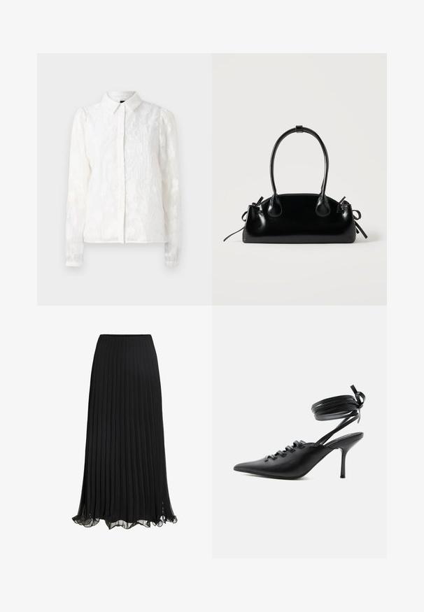 Pieces PCJALA SHIRT - Blusa - cloud dancer; Falda maxi plisada negra hecha de un tejido liviano con un diseño fluido. Cuenta con un dobladillo con volantes y una cinturilla elástica para mayor comodidad.; Zapato de tacón alto negro con punta puntiaguda, con cordones en la parte delantera y correas que rodean el tobillo atadas con un lazo, mostrado de lado sobre un fondo blanco.; Pequeño bolso negro brillante con dos asas largas y detalles de cordón lateral sobre un fondo claro liso.