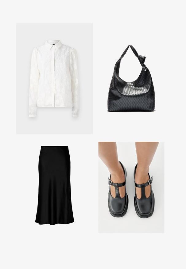 Pieces PCJALA SHIRT - Hemdbluse - cloud dancer; Schwarzer Satin-Midi-Rock mit glatter Textur, ausgestellt am Saum und mit einem taillierten Bund, der ein einfaches, klassisches Design aufweist.; Schwarze Lederschuhe mit T-Riemen-Design, geschlossenem Zehenbereich und silbernen Schnallenakzenten. Glatte Textur mit rundem Zehenbereich und flacher Sohle.; Schwarze gewebte Lederhandtasche mit lässigem Design, ausgestattet mit einem geknoteten Trageriemen und einem kleinen dekorativen goldenen Nagel am oberen Rand.