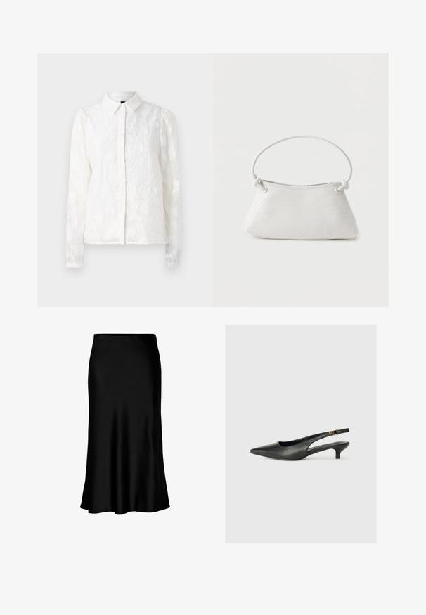 Pieces PCJALA SHIRT - Hemdbluse - cloud dancer; Schwarzer Satin-Midi-Rock mit glatter Textur, ausgestellt am Saum und mit einem taillierten Bund, der ein einfaches, klassisches Design aufweist.; Schwarzer Slingback-Schuh mit spitzem Zehenbereich aus glattem Leder. Mit einem dünnen Absatz und einer dekorativen Schnalle am verstellbaren Riemen.; Weiße gewebte Lederhandtasche mit abgerundetem Griff und verknoteten Riemenenden, vor schlichtem Hintergrund präsentiert.