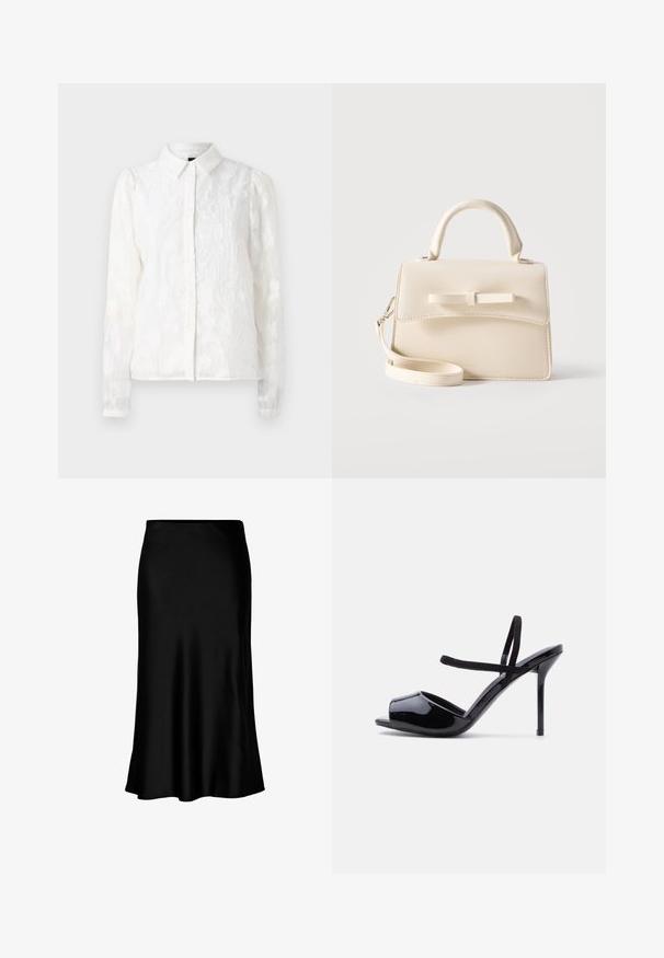 Pieces PCJALA SHIRT - Skjortebluser - cloud dancer; Sort satin midi-nederdel med en glat tekstur, klokkeformet kant og en tætsiddende talje, der har et enkelt, klassisk design.; Sort lakåben peep-toe højhælet sandal med tynde stropper omkring anklen og vristen mod en ensartet lys baggrund.; Lille beige håndtaske med top-håndtag, aftagelig rem, forreste klap og dekorativ vandret sløjfe på en ensfarvet baggrund.