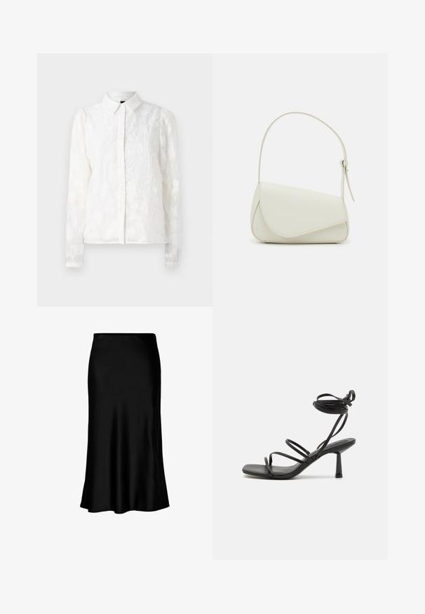 Pieces PCJALA SHIRT - Skjortebluser - cloud dancer; Sort satin midi-nederdel med en glat tekstur, klokkeformet kant og en tætsiddende talje, der har et enkelt, klassisk design.; Sort strappy sandal med firkantet tå, justerbare ankelbind og en slank, blokhæl. Fremstillet af et glat, holdbart materiale.; Hvid taske i faux læder med en struktureret trekantet form, enkelt justerbart skulderstrop og en flaplås med kurver.