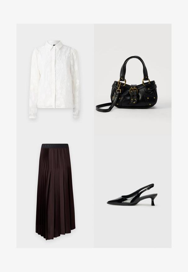 Pieces PCJALA SHIRT - Skjortebluser - cloud dancer; Mørkebrune, plisserede midi-skjorter med en glat tekstur, der har en elastisk talje og et logo-detalje øverst.; Sorte patenterede slingback-sko med spidse tæer og lav blokhæl. Justerbar spænde-rem ved anklen.; Sort læderhåndtaske med guldbælge og nitdetaljer, korte håndtag og en justerbar skulderrem på en ensfarvet hvid baggrund.