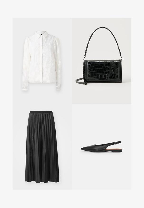 Pieces PCJALA SHIRT - Blusa - cloud dancer; Falda larga negra plisada con una textura suave y cinturilla elástica, que presenta pliegues verticales que crean volumen y movimiento.; Zapato de cuero negro tipo slingback con punta afilada, ligero brillo y correa ajustable en el tobillo. Tacón plano con plantilla marrón.; Bolso de hombro de cuero negro con textura de cocodrilo, forma rectangular, correa con cadena como detalle y cierre frontal de giro.