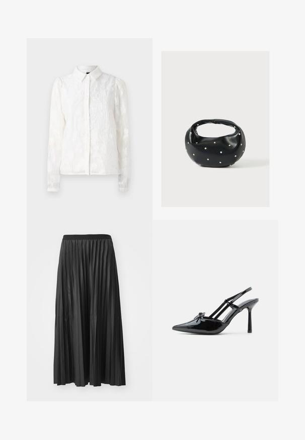 Pieces PCJALA SHIRT - Skjortebluser - cloud dancer; Sort plisseret maxiskørt med en glat tekstur og elastisk talje, der har lodrette folder som skaber volumen og bevægelse.; Sort lakeret læder højhælet slingback-sko med spids tå, tynd hæl og dobbelt remdetalje over vristen.; Sort læderhåndtaske med en rundet form, dekoreret med sølvnitter, og et kort håndtag. Glat tekstur og lynlåslukning.