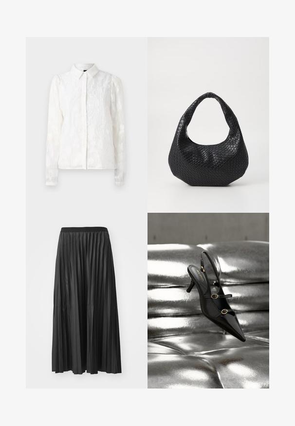 Pieces PCJALA SHIRT - Chemisier - cloud dancer; Jupe maxi plissée noire avec une texture lisse et une taille élastique, dotée de plis verticaux qui créent du volume et du mouvement.; Escarpin slingback noir à bout pointu avec deux brides à boucle dorée reposant sur une surface rembourrée argentée brillante.; Sac à main tissé noir avec une poignée courbée, présentant une surface texturée et une forme décontractée. Fini lisse avec une silhouette organique.