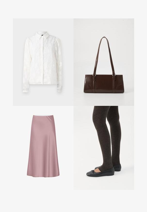 Pieces PCJALA SHIRT - Hemdbluse - cloud dancer; Sanfter rosa Satin-Midirock mit A-Linien-Silhouette und glattem, fließendem Stoff.; Beine in dunklen, gerippten Leggings kombiniert mit schwarzen Ballerinas mit kleinen Schleifendetails auf weißem Hintergrund.; Braune Lackleder-Handtasche in rechteckiger Form, mit zwei langen Griffen und subtilen, geschwungenen Akzenten auf der Vorderseite.