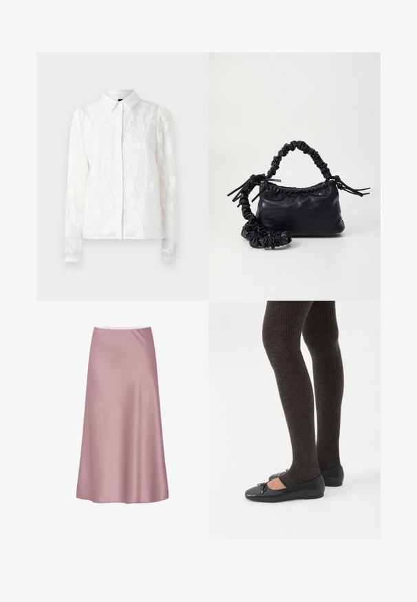Pieces PCJALA SHIRT - Nööpidega pluus - cloud dancer; Pehme roosa satiinist midi seelik A-lõike ja siledast, voolavast kangast.; Jalad seljas tumedad soonelises soonelises kombines mustade baleriinadega, millel on väikesed paelade detailid valgel taustal.; Must must sünteetilisest nahast käekott, millel on krokodillimuster, kokku tõmmatav ülaosa ja kortsus rihm. Tundub pehme ja kompaktne disain.