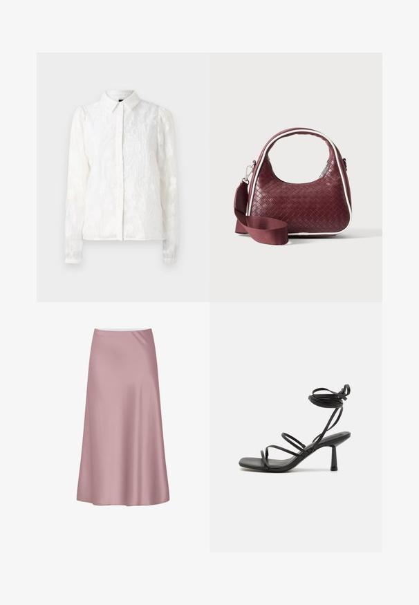 Pieces PCJALA SHIRT - Chemisier - cloud dancer; Jupe midi en satin rose doux avec une silhouette trapèze et un tissu lisse et fluide.; Sandale noire à lanières avec un bout carré, des liens de cheville réglables et un talon carré fin. Fabriquée en un matériau lisse et durable.; Sac à main en cuir tressé marron foncé avec poignée courbée, garniture blanche, fermeture éclair argentée et bandoulière large en tissu amovible sur fond uni.