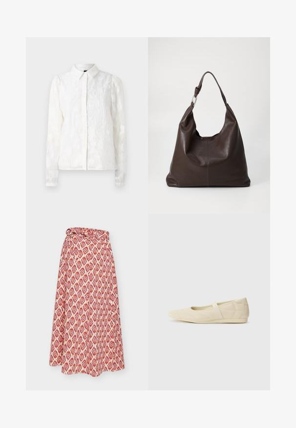 Pieces PCJALA SHIRT - Skjortebluser - cloud dancer; Rødt og hvidt mønstret omslagsnederdel med bindebånd i taljen, med et geometrisk design og en flydende silhuet.; Lysebrune ballet flats med en glat læderoverflade, mandelformet tå og elastisk rem over vristen, med diskrete syninger.; Zign by Zalando LEATHER - Shopping bags - chocolate brown