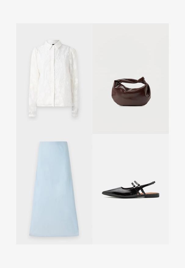 Pieces PCJALA SHIRT - Nööpidega pluus - cloud dancer; Helehelesin sinine A-line seelik, mis on valmistatud siledast kangast, omades puhta disaini ilma nähtavate mustrite või aksessuaarideta, ulatudes keskmise pikkuseni.; Mustad lakknahast slingback kingad on terava ninaga, kahe rihmaga, millel on klambriga aktsendid, ning lame tald.; Tumepruunast nahast õlakott, pehme ja lõdva vormiga, keeratud sõlme tüüpi sangaga, valgel ühevärvilisel taustal.