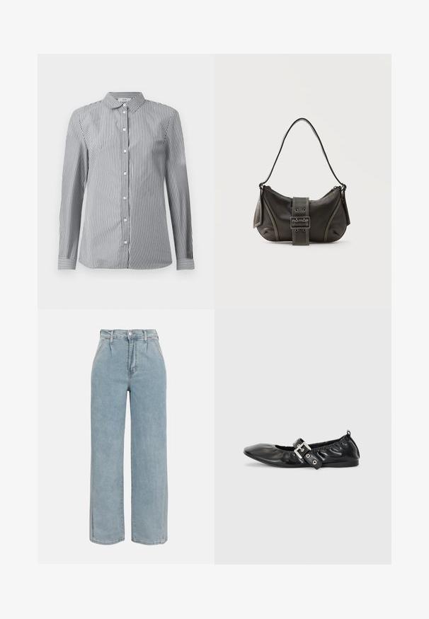 Stribet button-up skjorte i sort og hvid bomuldsstof. Har en klassisk krave og lange ærmer med knapmanchetter.; Lyseblå jeans med højtaljet bred ben, foranlommer, bæltestropper og knaplukning.; Sorte læder flade sko med spids tå, samling detaljer omkring åbningen, og en sølv spænde accent på den justerbare rem.; Sort læder skuldertaske med spænde på remmen, afrundede kanter og kontrasterende hvide syninger på en ensfarvet baggrund.