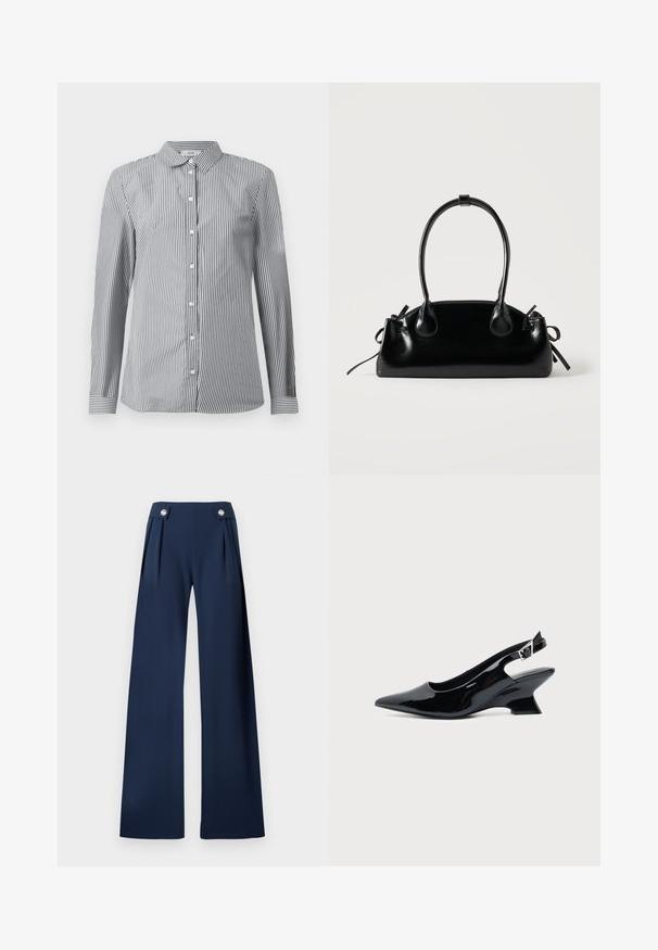 Stribet button-up skjorte i sort og hvid bomuldsstof. Har en klassisk krave og lange ærmer med knapmanchetter.; Marineblå bukser med vide ben, plissering foran og to sølvknapper i linningen, lavet af et glat, struktureret stof.; Sort laklæder slingback sko med spids tå og lav vinklet blokhæl på ensartet lys baggrund.; Lille sort blank håndtaske med to lange håndtag og snøre-detaljer i siden på en ensfarvet lys baggrund.