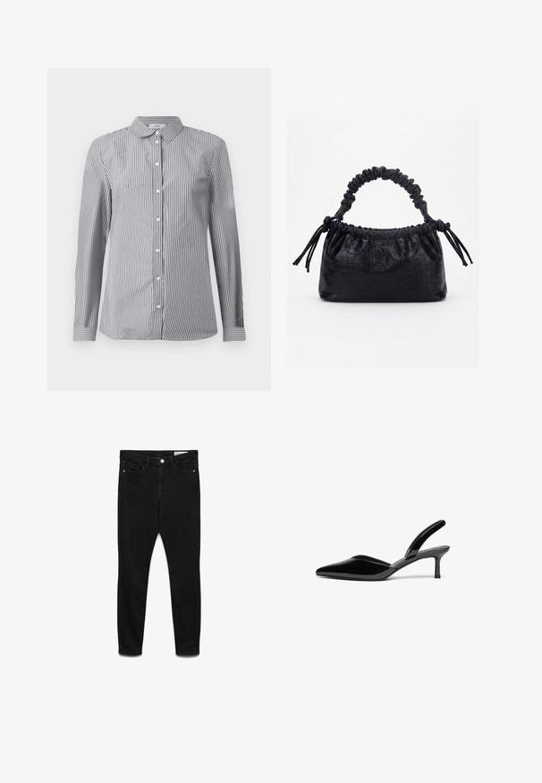 Stribet button-up skjorte i sort og hvid bomuldsstof. Har en klassisk krave og lange ærmer med knapmanchetter.; Sorte skinny jeans med høj talje, foran lås med knap og lynlås, to forlommer og to baglommer, vist fladt på hvid baggrund.; Sorte patentlæder slingback hæle med spids tå, lav stiletto hæl og et elegant, enkelt design uden pynt.; Sort taske med krokodilletekstur, rynket øverste kant, samlet hank og snore med kvaster på hver side mod en hvid baggrund.
