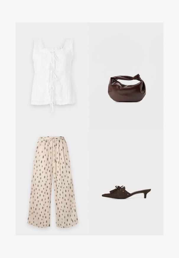 Haut sans manches blanc avec des plis, une bordure en dentelle et un nœud à l'avant. Le tissu présente des détails brodés et un ourlet festonné.; Pantalons larges beige avec une taille à nouer, ornés d'un motif de losanges noirs. Fabriqués dans un tissu léger pour plus de confort.; Mule pointue en daim brun foncé avec un petit talon kitten, pampilles décoratives et détail en dentelle sur fond blanc.; Sac bandoulière en cuir marron foncé avec une forme souple et décontractée et une anse nouée torsadée sur un fond blanc uni.