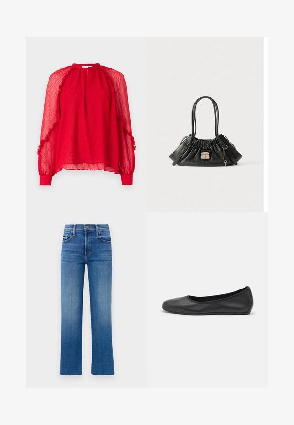 Hofmann Copenhagen XENIA - Blouse - kissmered; Blauwe spijkerbroek met een rechte pijp, hoge tailleband en subtiele vervaging. Beschikt over een klassieke vijf-pocket styling en gouden hardware accenten.; Zwarte leren ballerina met een ronde neus, gladde textuur, minimale stikdetails en een flexibele zoolontwerp.; Zwarte leren handtas met gesneden rand, dubbele schouderbanden, zijkant ritscompartimenten en een zilveren sluiting met het label "Marc Jacobs" en een klein sleutelhanger.