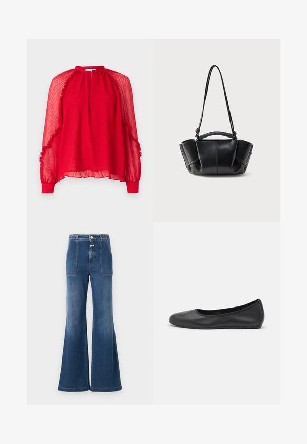 Hofmann Copenhagen XENIA - Blouse - kissmered; Hoge taille flared jeans in middelblauw denim met een vervaagde afwerking. Heeft patchzakken en een knoopsluiting. Schoon zoom.; Zwarte leren ballerina met een ronde neus, gladde textuur, minimale stikdetails en een flexibele zoolontwerp.; Zwarte leren handtas met een gebogen silhouet, geplooide zijkanten, gevlochten handvat en een lange dunne riem tegen een witte achtergrond.