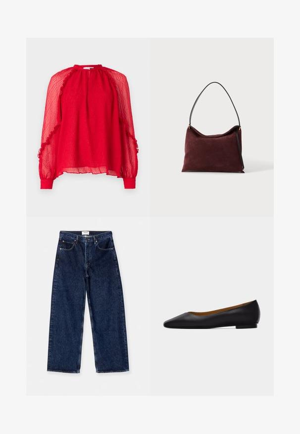 Hofmann Copenhagen XENIA - Blouse - kissmered; Donkerblauwe denim wijde broek met hoge taille, voorzakken en een gladde textuur met subtiele stikselaccenten.; Zwarte leren puntschoen met lage hak en gladde afwerking, zijaanzicht op een lichtgrijze achtergrond.; Zachte kastanjebruine suède handtas met zwarte schouderriem en gouden hardware, weergegeven op een witte achtergrond.