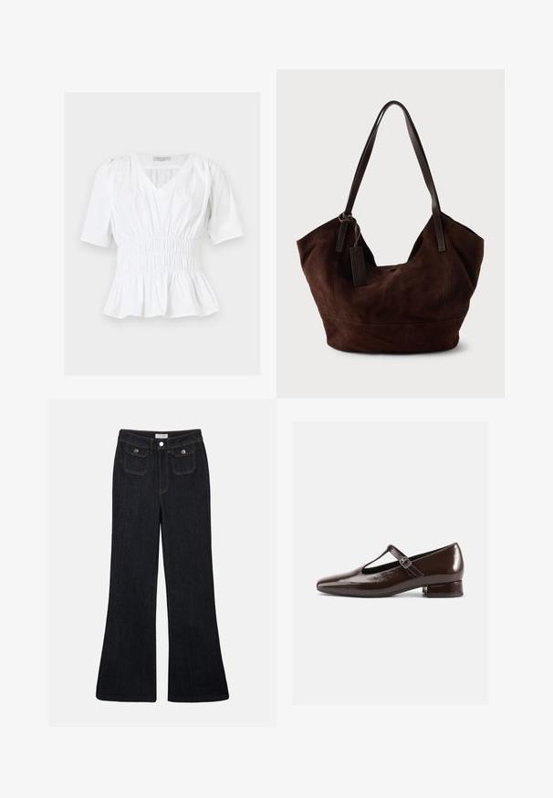 Blouse blanche à manches courtes avec col en V, taille élastique froncée, épaules légèrement bouffantes et ourlet péplum, posée à plat sur un fond clair.; Jeans en denim foncé évasés avec une taille haute, deux poches avant et des coutures orange. Le matériau semble robuste et lisse.; Chaussures Mary Jane en cuir verni marron avec un bout arrondi, un design ajouré et une bride réglable. Talon bas bloc.; Handbag en cuir suédé marron avec une forme douce et souple. Doté de poignées en cuir et d'une étiquette décorative. Texture plain avec des coutures courbes.