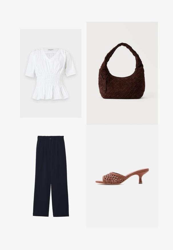 Blouse blanche à manches courtes avec col en V, taille élastique froncée, épaules légèrement bouffantes et ourlet péplum, posée à plat sur un fond clair.; Pantalons large bleu marine avec une texture lisse, taille élastique, pli avant unique et fermeture à bouton à la taille.; Mule ouverte tressée marron avec talon kitten mi-hauteur et design à enfiler sur fond blanc.; Sac à épaule en cuir tressé marron foncé avec une forme douce et arrondie et une large anse, avec une petite étiquette en cuir attachée.