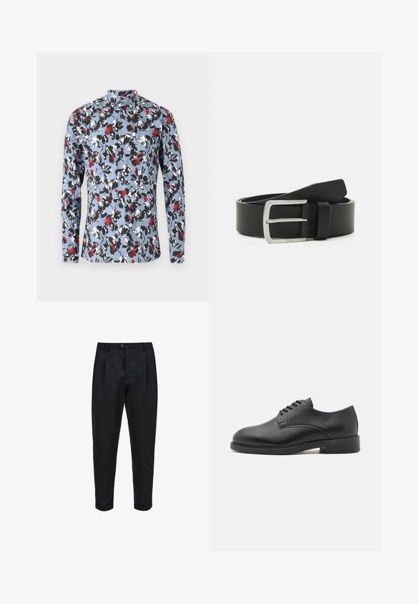 Langärmliges Hemd mit Knopfleiste in Hellblau, mit einem floralen Muster in Rot, Schwarz und Weiß. Verfügt über einen Kragen und eine Vorderknopfleiste.; Schwarze Hose aus einem glatten Stoff, mit einem gefalteten Vorderteil, schmalem Schnitt und umgeschlagenen Säumen. Einfache Knopfverschluss an der Taille.; Schwarze Leder-Oxfordschuhe mit runder Zehenform, glatter Oberfläche, fünf Ösen für die Schnürung und niedrigem, gestapeltem Absatz.; Schwarzer Leder-Gürtel mit glatter Textur, silberner Metallschnalle und einer einzelnen Schlaufe zur Anpassung. Verfügt über ein sauberes, klassisches Design.
