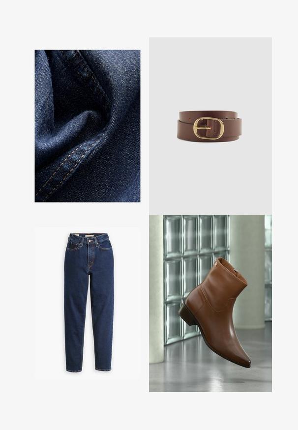 Tissu en denim bleu foncé avec une légère brillance, présentant une texture douce et froissée ainsi qu'une couture visible en fil beige contrastant.; Jean en denim bleu foncé avec une taille haute, un design à cinq poches et des jambes droites. Couture contrastée et fermeture à boutons.; Bottine en cuir marron avec un petit talon et fermeture éclair latérale, présentée sur un fond de blocs de verre et une surface de sol lisse.; Ceinture en cuir marron avec une boucle ovale en or, enroulée sur un fond clair uni.