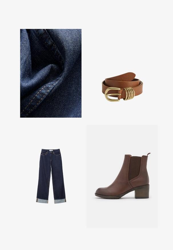 Tissu en denim bleu foncé avec une légère brillance, présentant une texture douce et froissée ainsi qu'une couture visible en fil beige contrastant.; Jeans larges bleu foncé avec ourlets retroussés, poches avant et couture visible, étalés à plat sur un fond blanc.; Bottine en cuir marron, avec une finition lisse, des panneaux latéraux élastiques, un bout arrondi et un talon en bois modéré.; Ceinture en cuir marron enroulée avec une boucle dorée brillante et quatre anneaux dorés près de la boucle.
