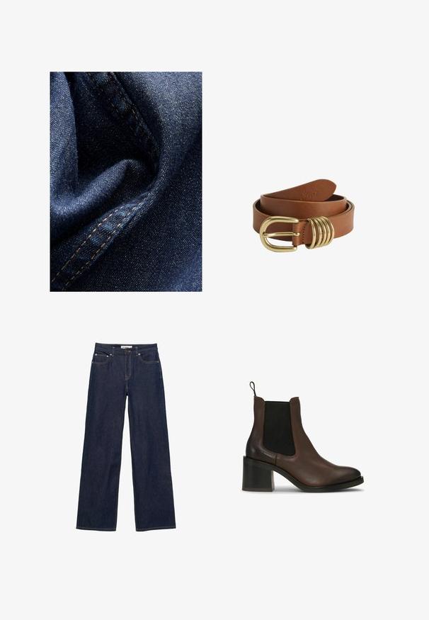 Tissu en denim bleu foncé avec une légère brillance, présentant une texture douce et froissée ainsi qu'une couture visible en fil beige contrastant.; Jean bleu foncé droit avec poches avant, passants pour ceinture, fermeture par boutons et coutures contrastantes visibles.; Bottes cheville en cuir marron avec panneaux latéraux élastiques, talon bloc, texture lisse et languette à l'arrière pour un enfilage facile.; Ceinture en cuir marron enroulée avec une boucle dorée brillante et quatre anneaux dorés près de la boucle.