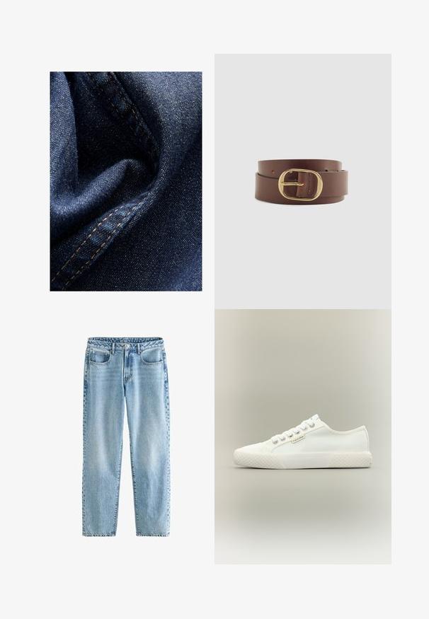 Tissu en denim bleu foncé avec une légère brillance, présentant une texture douce et froissée ainsi qu'une couture visible en fil beige contrastant.; Jean en denim bleu clair avec une coupe décontractée. Comprend quatre poches, une fermeture à bouton classique et un léger délavage pour une texture uniforme.; Baskets basses blanches en toile avec semelle en caoutchouc texturée, lacets blancs et petite étiquette Calvin Klein sur le côté.; Ceinture en cuir marron avec une boucle ovale en or, enroulée sur un fond clair uni.