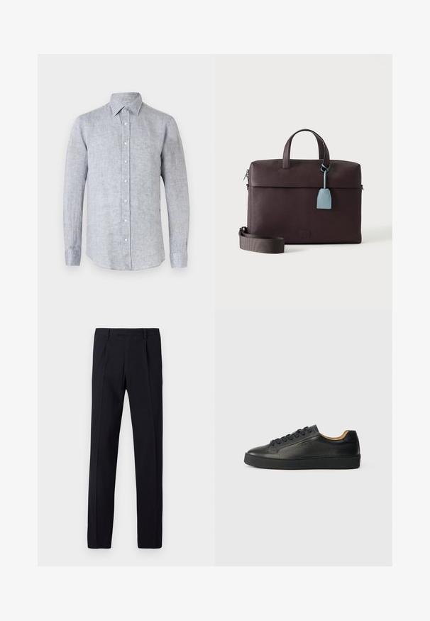 Chemise à manches longues pour homme, gris clair, avec boutons, col et tissu texturé subtil.; Pantalon noir avec une finition texturée, présentant une coupe droite, des passants pour ceinture et des plis repassés sur le devant. Pas de poches visibles.; Baskets basses en cuir noir avec surface texturée, lacets noirs et semelle en caoutchouc épaisse, présentées de côté sur un fond clair.; Serviette en cuir marron foncé avec poignées supérieures, bandoulière amovible et étiquette en cuir bleu clair suspendue à une poignée.