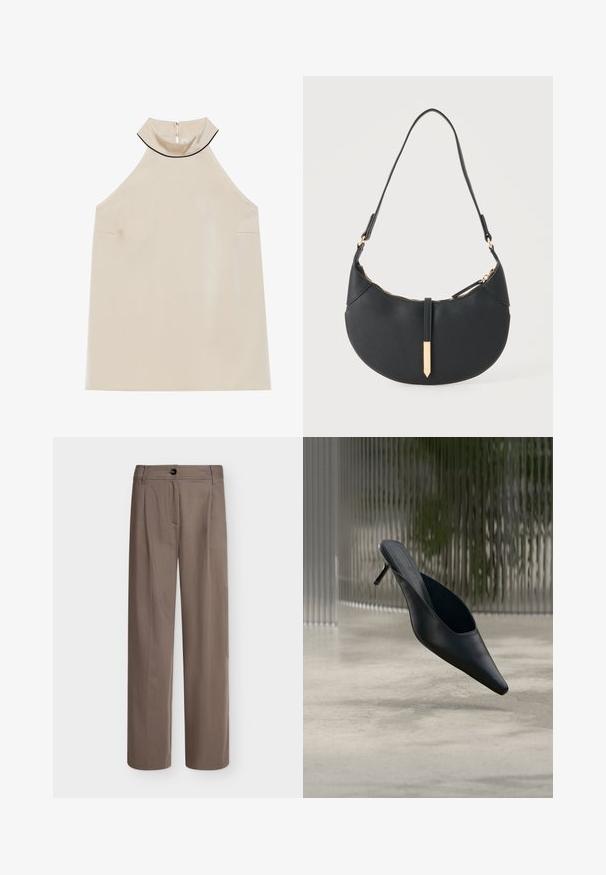 Beige mouwloze haltertop van gladde stof met een hoge kraag en een rits aan de achterkant, met een minimalistisch ontwerp en geen zichtbare patronen.; Bruine rechte broek met knoop- en ritssluiting, ceintuurlussen en zijzakken op een effen achtergrond.; Zwarte mule met puntige neus en dunne hoge hak, die boven een gladde betonnen vloer zweeft, met een wazige verticale gestreepte achtergrond.; Zwarte handtas in halve maanvorm met een enkele band, gouden rits en een gouden rechthoekige decoratieve tab aan de voorkant.