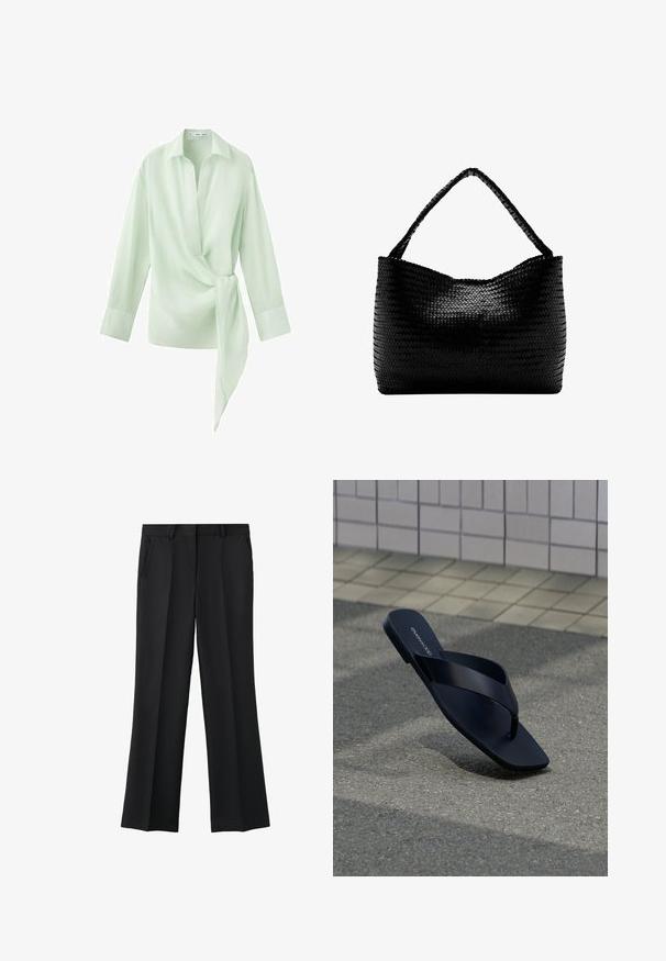 Blouse à manches longues vert clair avec col, profond décolleté en V et un détail noué en tissu sur le côté droit à la taille.; Pantalon formel noir droit avec pli devant, poches latérales et passants de ceinture, présenté sur fond blanc.; Sandale noire à lanière avec bout carré et nom de la marque sur la semelle, positionnée debout sur un pavement texturé près d’un mur carrelé.; Sac à main tissé noir avec une anse unique tressée, forme rectangulaire et surface texturée brillante.